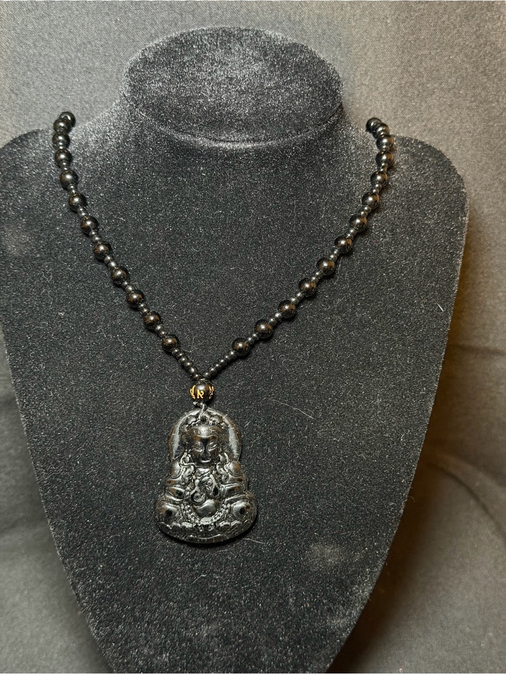 24” Bead Necklace Black Jade Laughing Buddha Handcrafted Couple Scratches